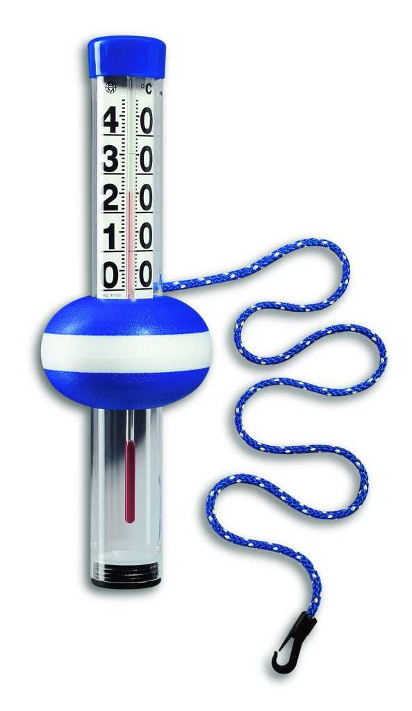 Blau-weißes Schwimmthermometer mit Skala, blauem Schwimmkörper und blauer Befestigungsleine mit Haken