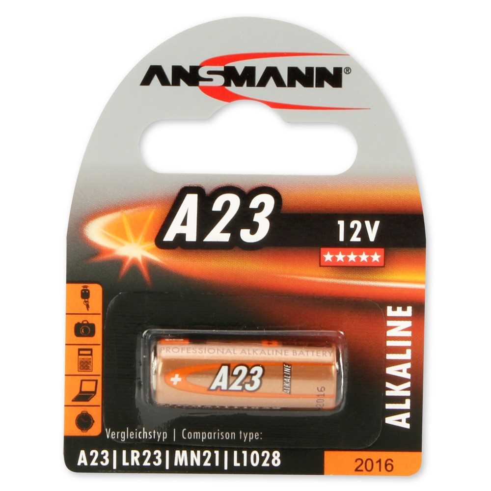 Blisterverpackung mit einer A23-Batterie, orange-schwarzes Design mit großer Aufschrift A23 und 12V