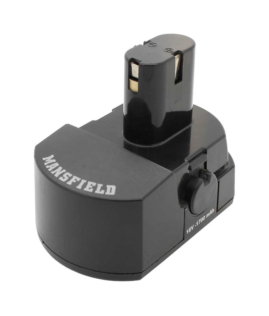 Schwarzer Werkzeugakku mit aufgesetztem Steckanschluss und seitlichem Entriegelungsknopf auf weißem Hintergrund