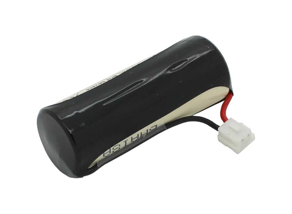 Schwarzer zylindrischer Akkupack mit zwei Kabeln und weißem Steckverbinder auf weißem Hintergrund