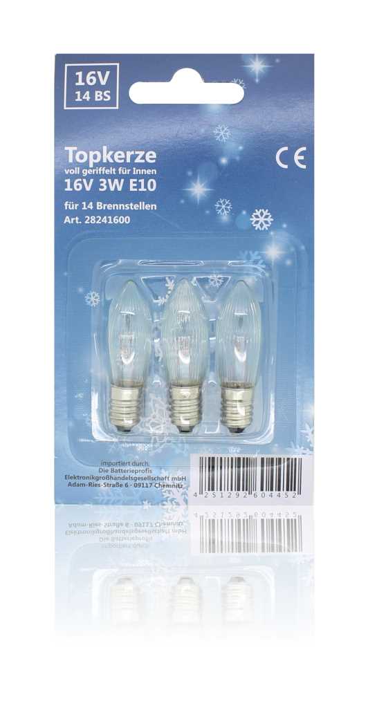 Blisterverpackung mit drei geriffelten, kerzenförmigen Glühlampen mit Schraubsockel vor blauem Hintergrund mit Schneeflocken