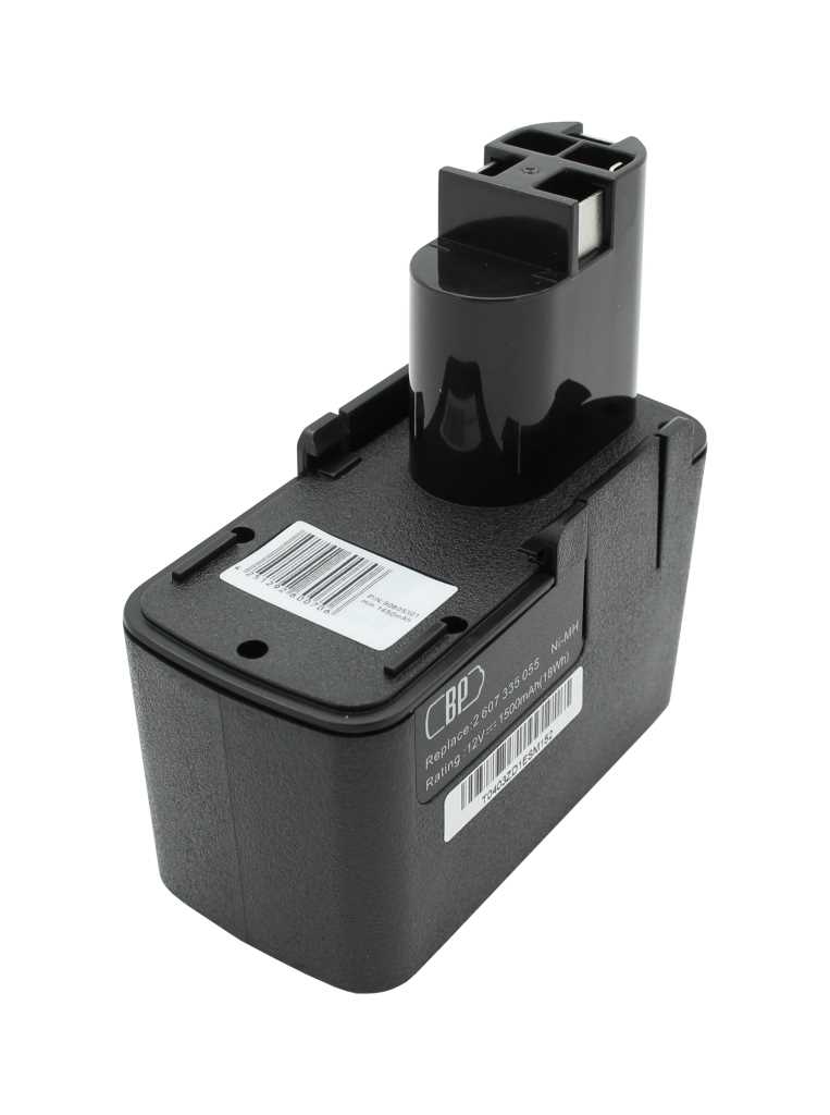 Schwarzer Steckakku mit zylindrischem Aufsatz und Kontaktleiste, auf weißem Hintergrund fotografiert