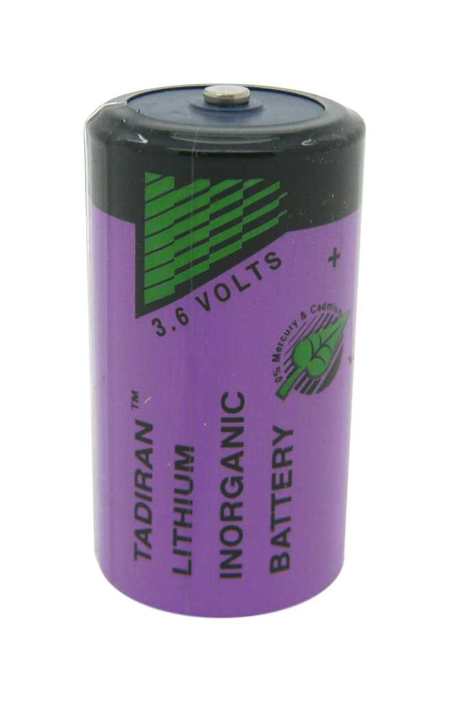 Zylindrische Batterie in Schwarz und Violett mit Aufdruck 3.6 VOLTS und Pluspol oben sichtbar