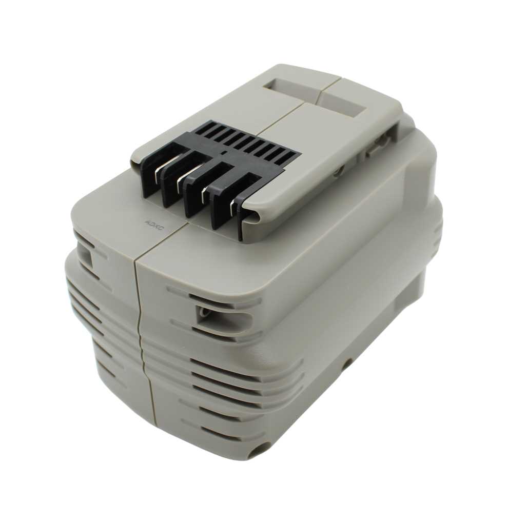 Grauer Akkupack mit schwarzen Steckkontakten auf der Oberseite und seitlichen Lüftungsschlitzen