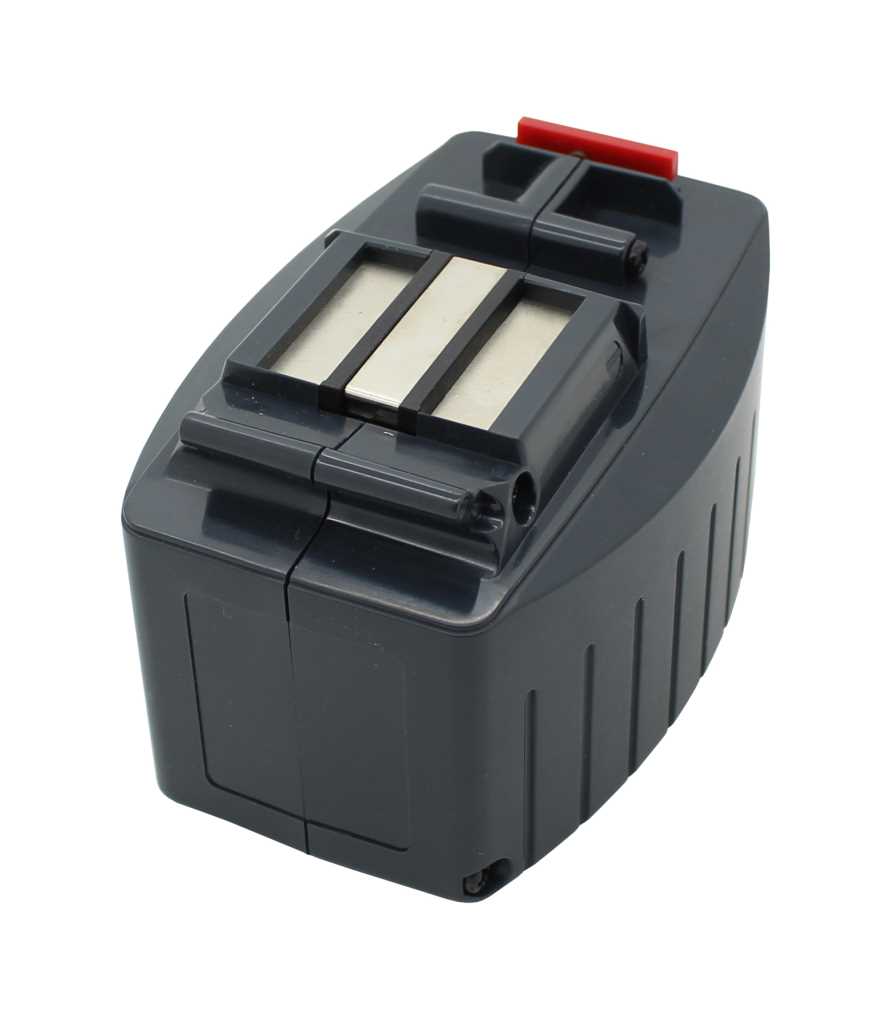 Schwarzer Werkzeugakku-Block mit zwei Metallkontakten und roter Lasche auf der Oberseite