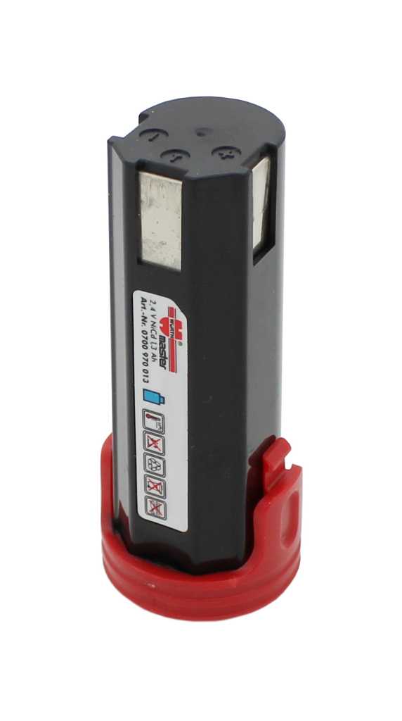 Schwarzer Akku mit rotem Sockel und seitlichem Etikett, oben mit Kontakten und silbernen Flächen