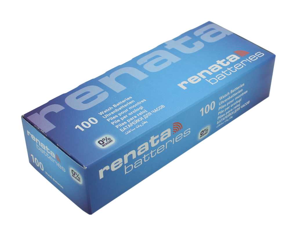 Blaue rechteckige Kartonschachtel für Knopfzellen mit Renata-Logo und Aufdruck 100
